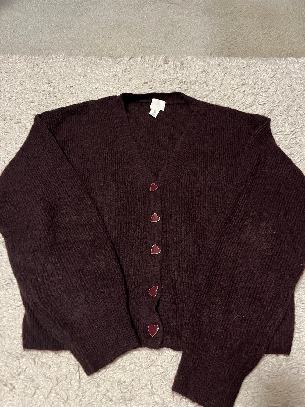 Women's dark plum V-Neck Cardigan with Heart Buttons